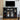 Black corner TV stand with a television mounted on it, featuring glass doors and shelves.