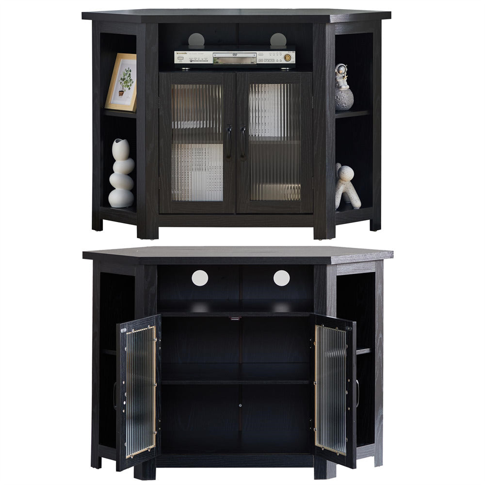 Black corner TV stand with glass doors on a white background
