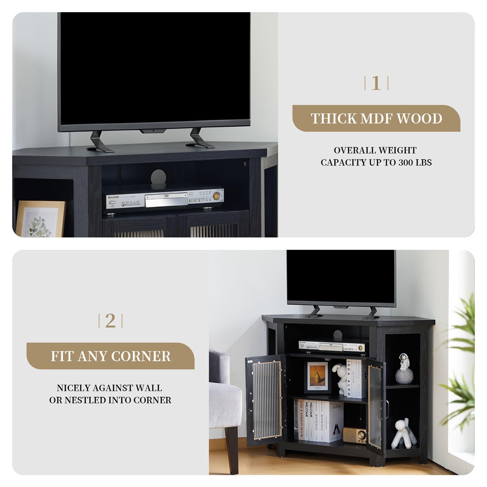 Black TV stand with a television on top, shown with text highlighting features like thick MDF wood and capacity.