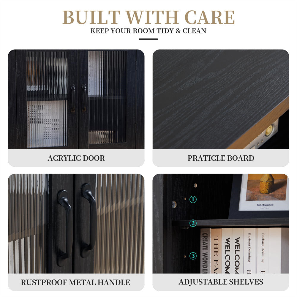 Product features with text 'Built with Care' and images of acrylic door, particle board, rustproof metal handle, and adjustable shelves.
