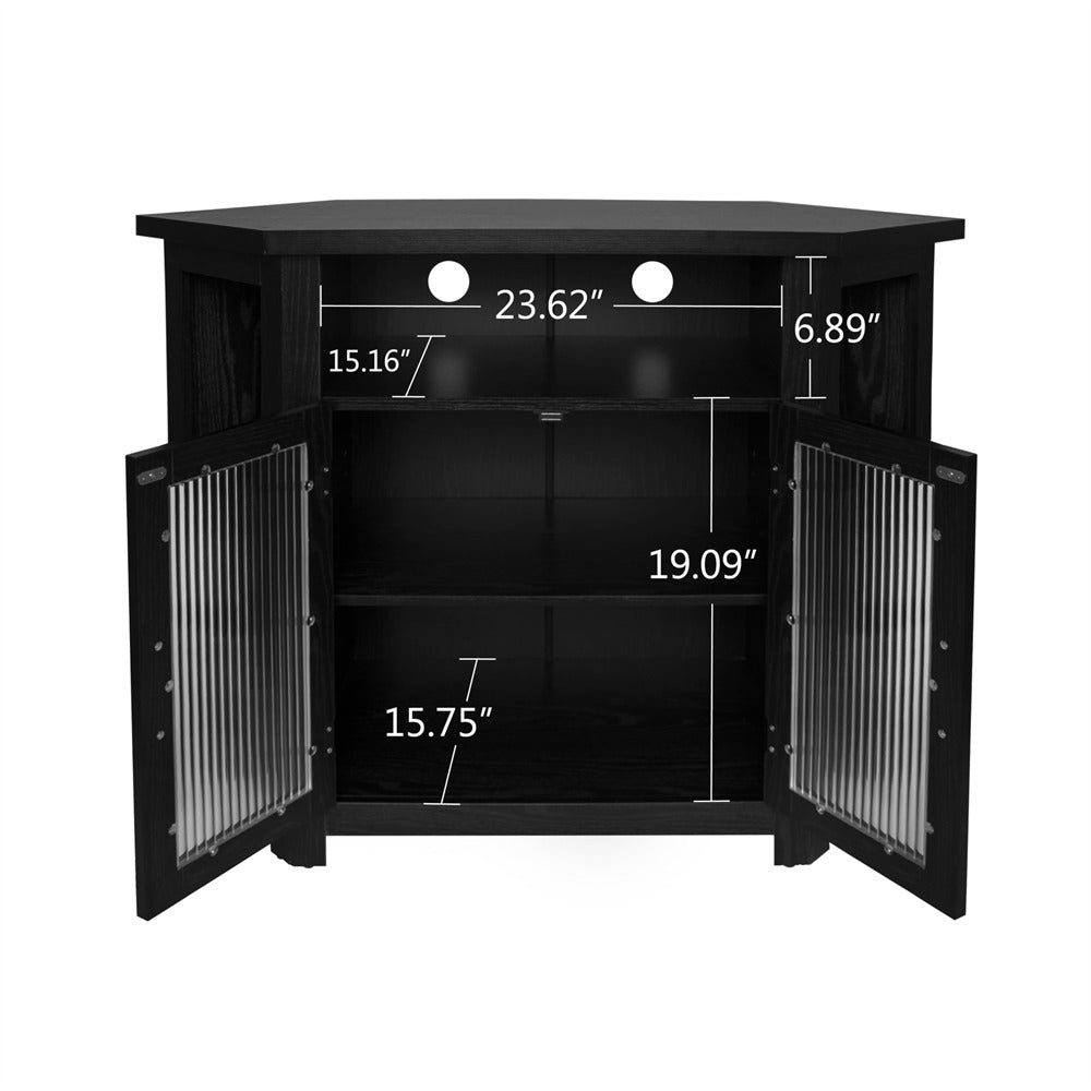 Black corner cabinet with dimensions marked on a white background