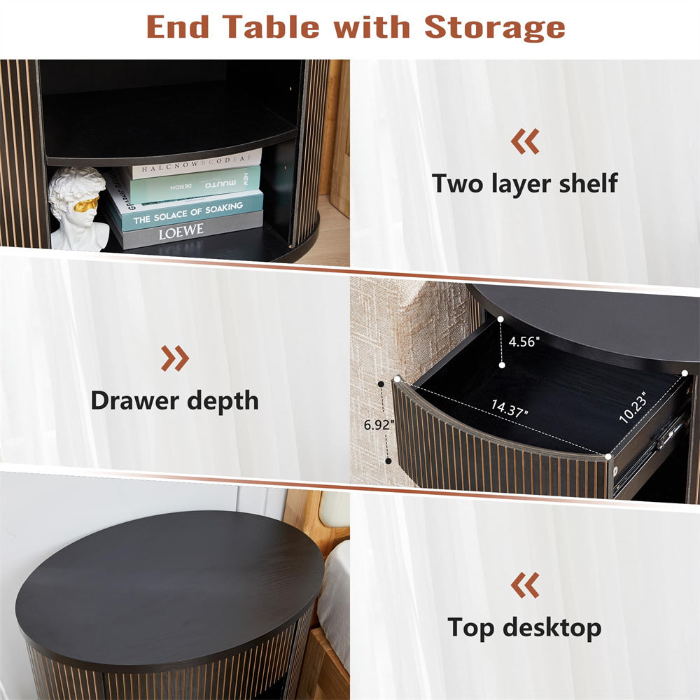 End table with storage features, including a two-layer shelf, drawer depth, and top desktop.