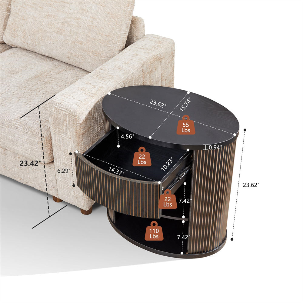 Round coffee table with measurements and weight indicators next to a beige sofa.
