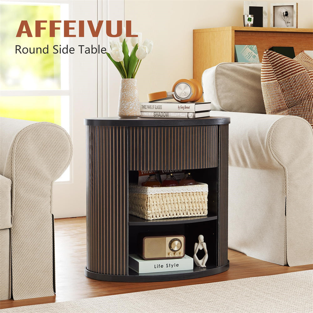 Round side table with decorative items in a living room setting, featuring the brand 'AFFEIVUL'.