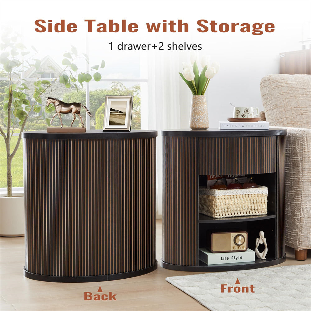 Two side tables with storage in a living room setting, labeled 'Back' and 'Front'.