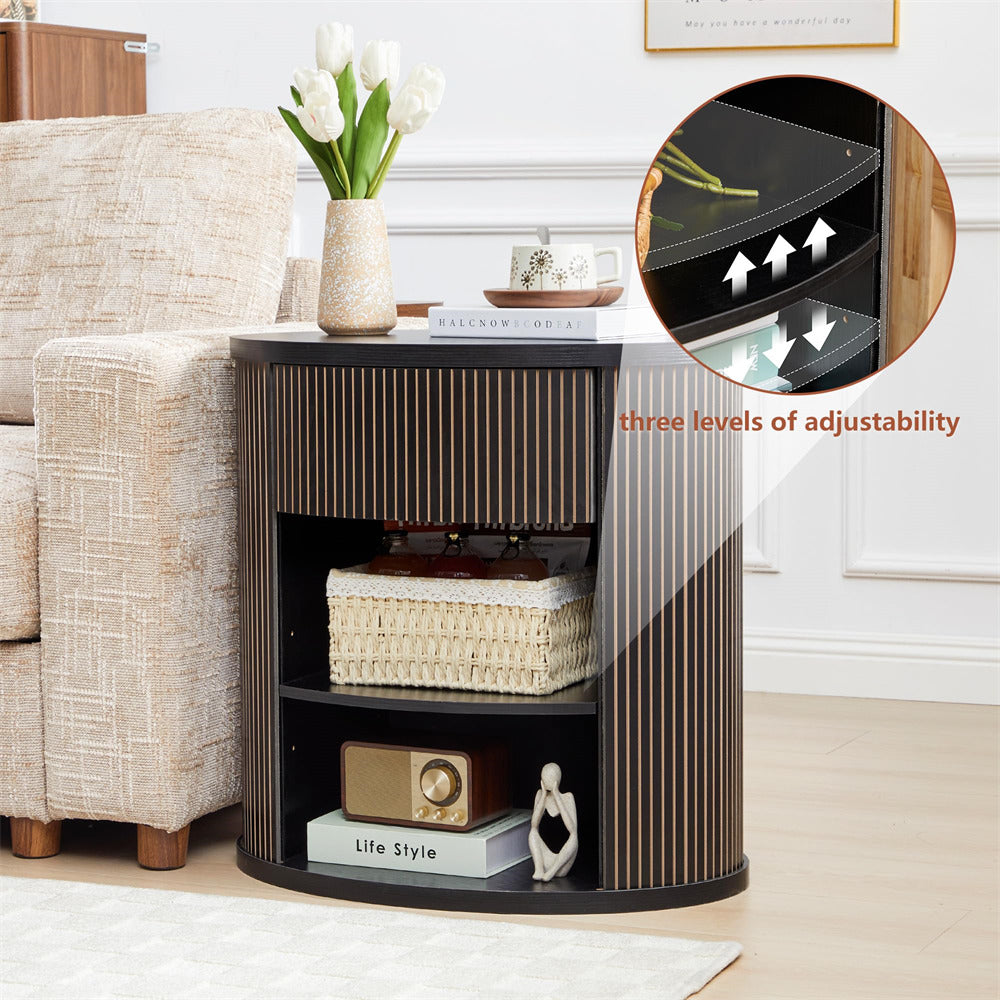 Side table with storage compartments in a living room setting, showing three levels of adjustability.