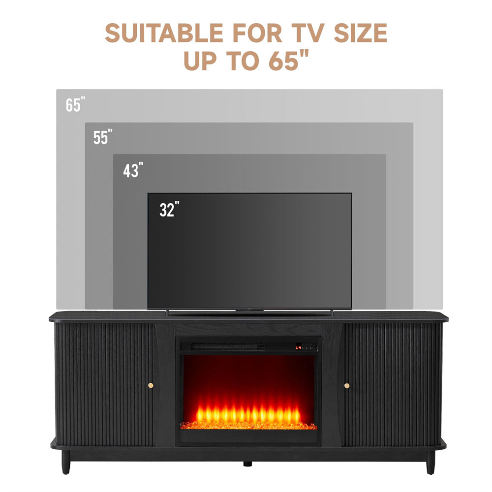 Black TV stand with built-in fireplace and TV displaying sizes up to 65".