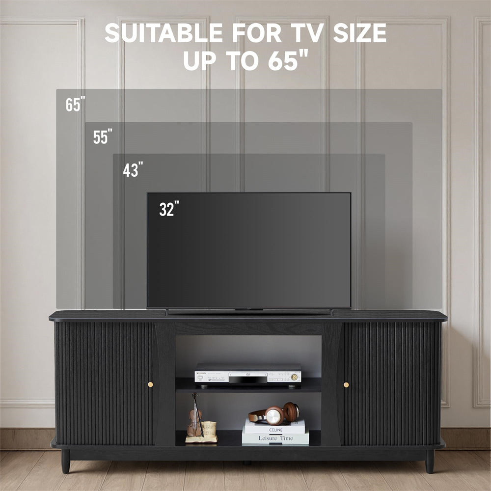 Black Fluted Fireplace TV Stand Media Console Table with Storage and Sliding Door
