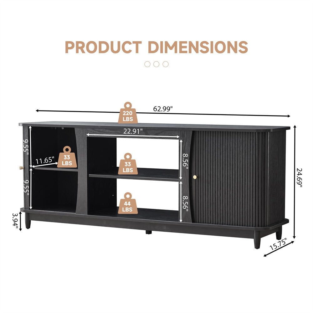 Black Fluted Fireplace TV Stand Media Console Table with Storage and Sliding Door