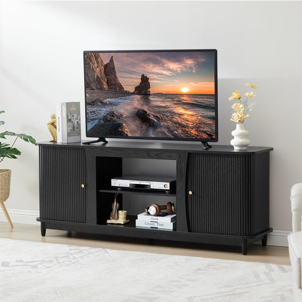 Black Fluted Fireplace TV Stand Media Console Table with Storage and Sliding Door