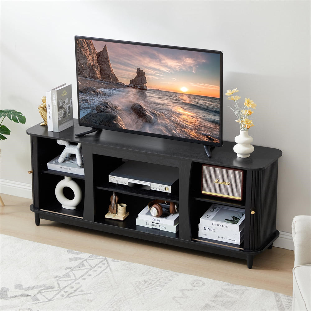 Black Fluted Fireplace TV Stand Media Console Table with Storage and Sliding Door