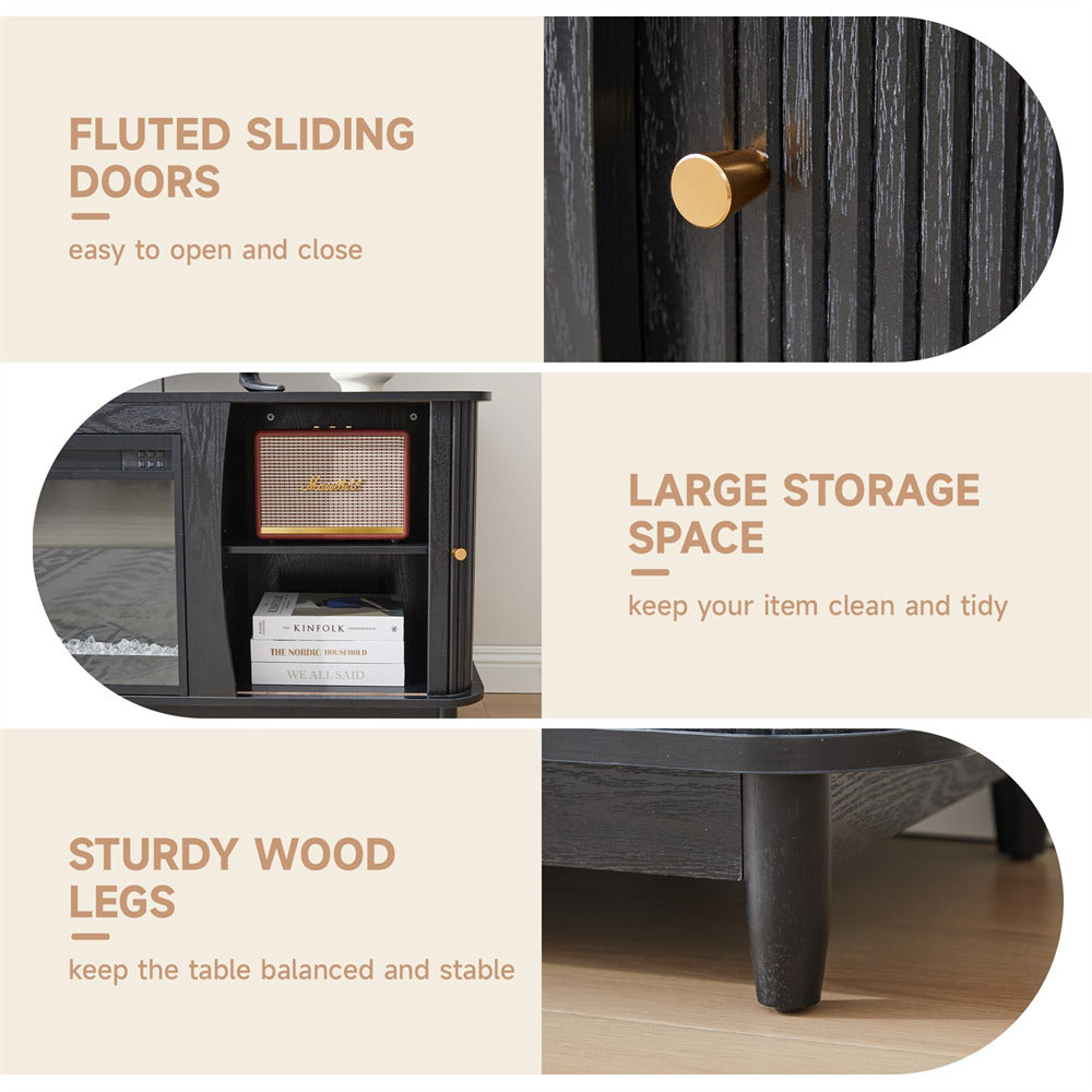 Table with fluted sliding doors, large storage space, and sturdy wood legs on a beige background.