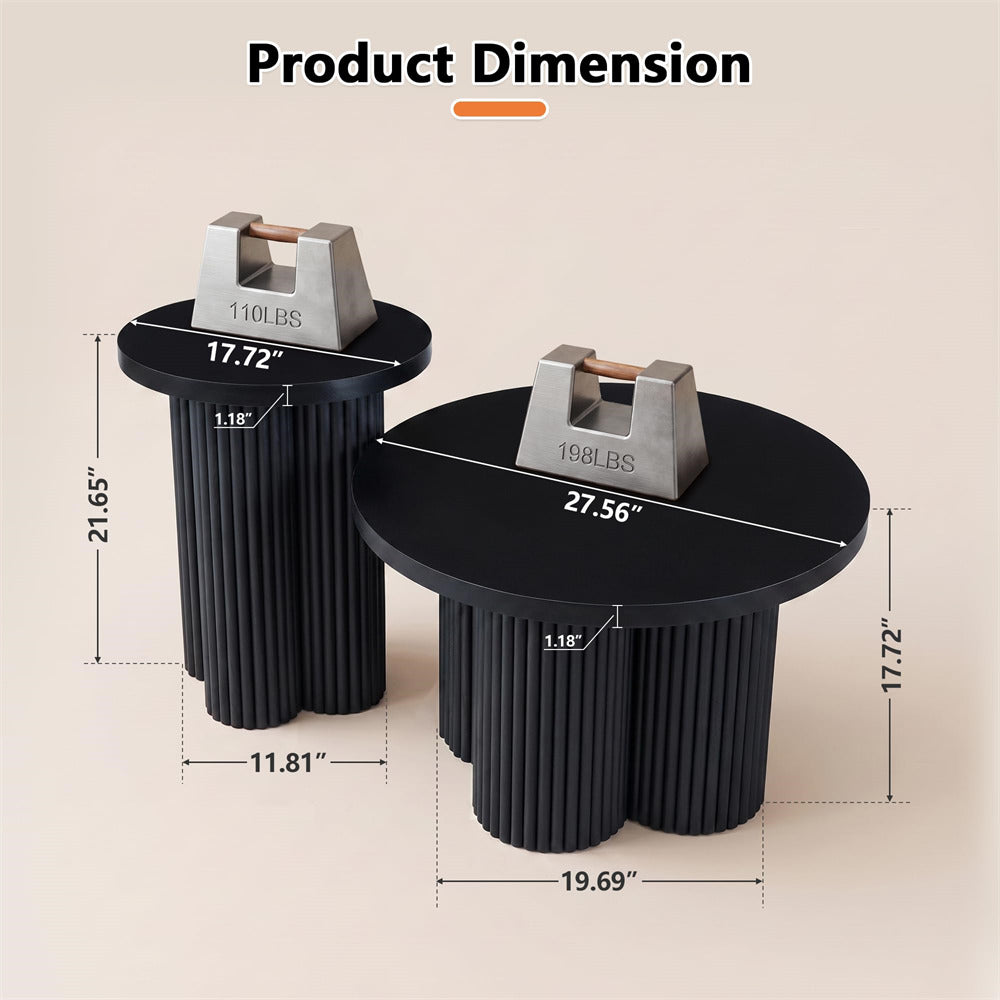 Product dimension diagram showing two black fluted round side tables with metal weight plates on top, labeled with measurements including diameter, height, and width on a beige background.