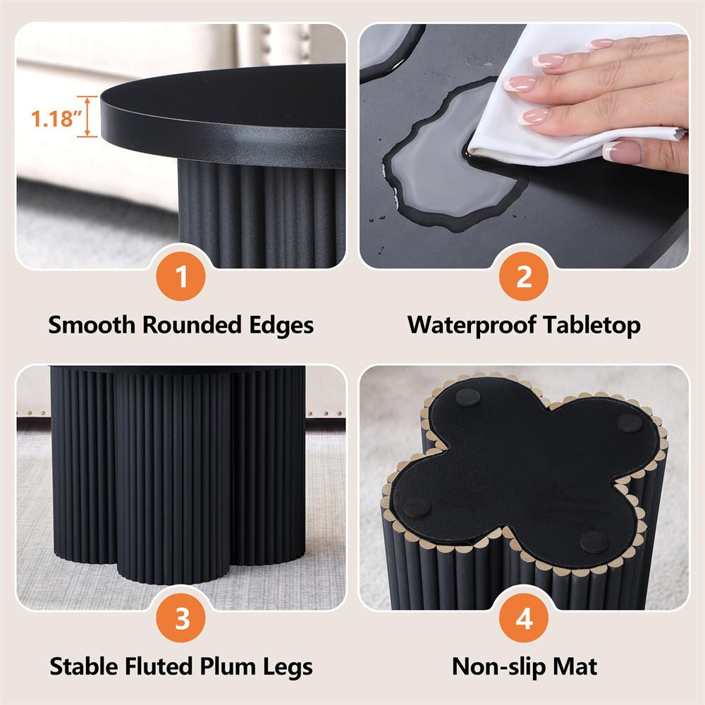 Four-panel feature graphic for a black side table. Panel 1 shows a close-up of the tabletop edge with a dimension callout of 1.