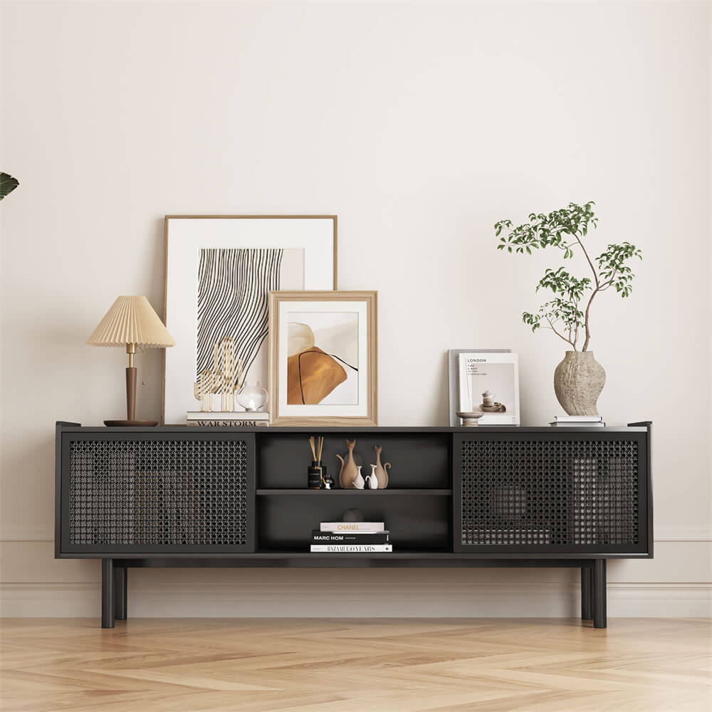 Black Iron Rattan TV Stand Storage Cabinet with Adjustable Shelves