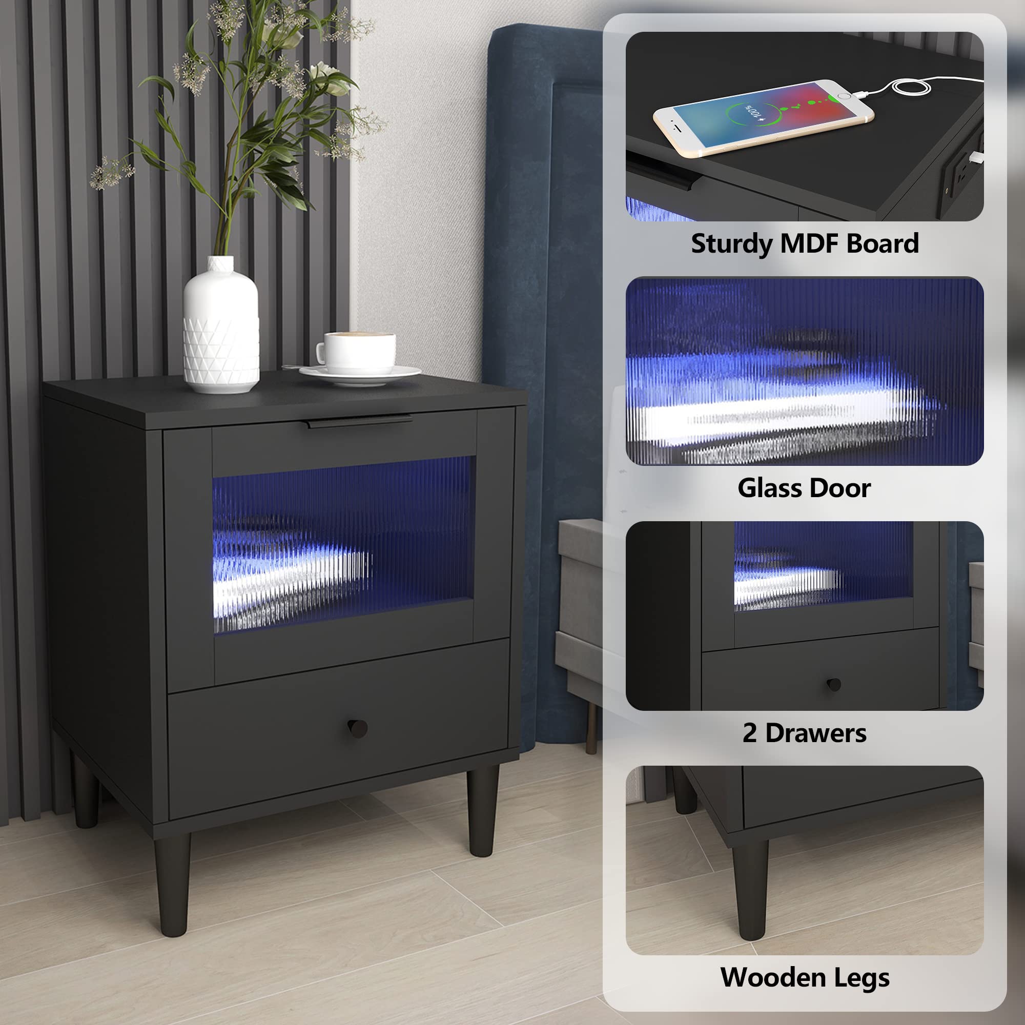Black LED Lights Nightstand with USB Charging Station and 2 Drawers