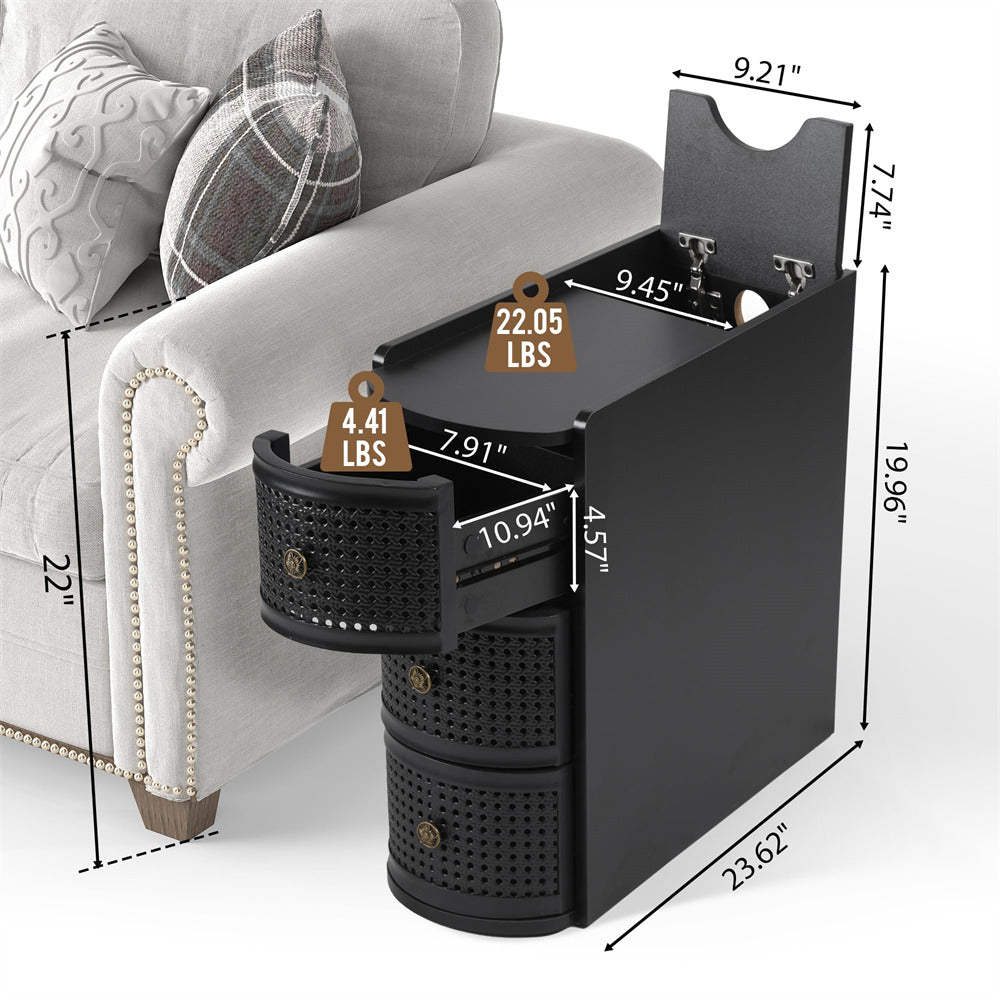Black side table with measurements next to a gray sofa