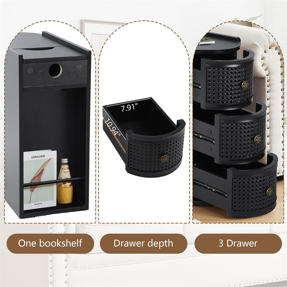 Black multi-functional storage unit with bookshelf, drawer depth indicator, and three drawers.