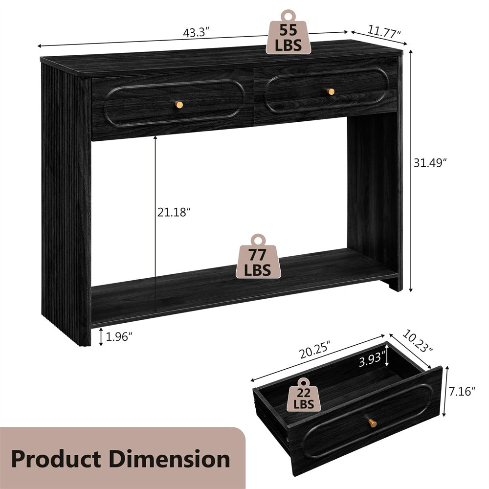 Black console table with dimensions and weight labels on a white background