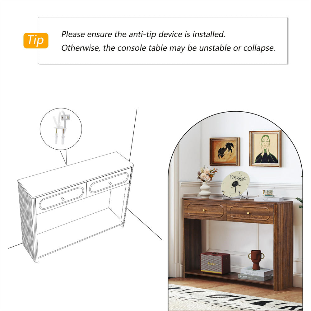 Wooden console table with decorative items and an illustration of a similar table with an anti-tip device.