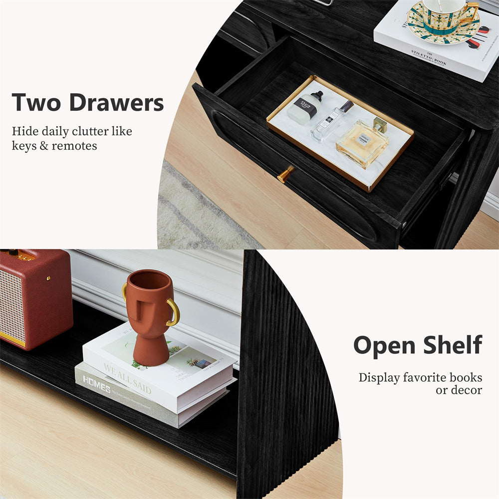 Wooden desk with open drawers and shelf, featuring text on functionality.