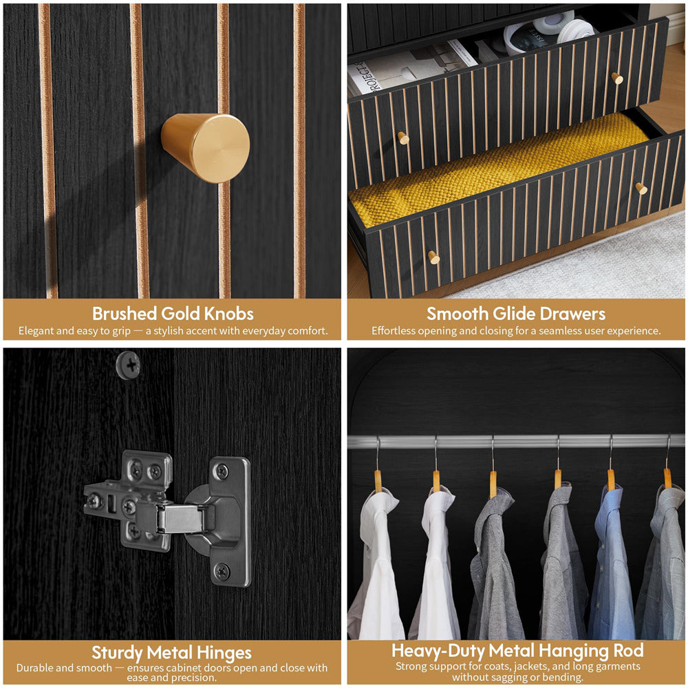 Collage of furniture features including brushed gold knobs, smooth glide drawers, sturdy metal hinges, and heavy-duty metal hanging rod.
