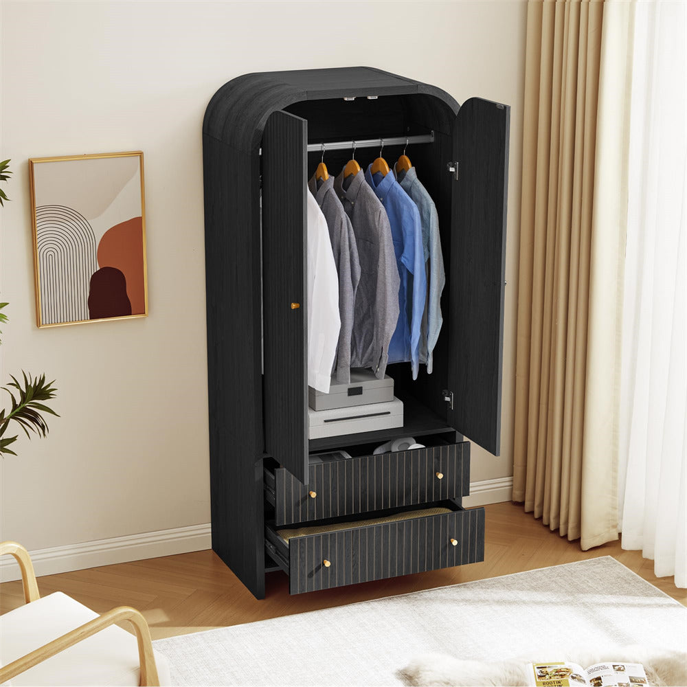 Black portable wardrobe with clothes inside in a room setting