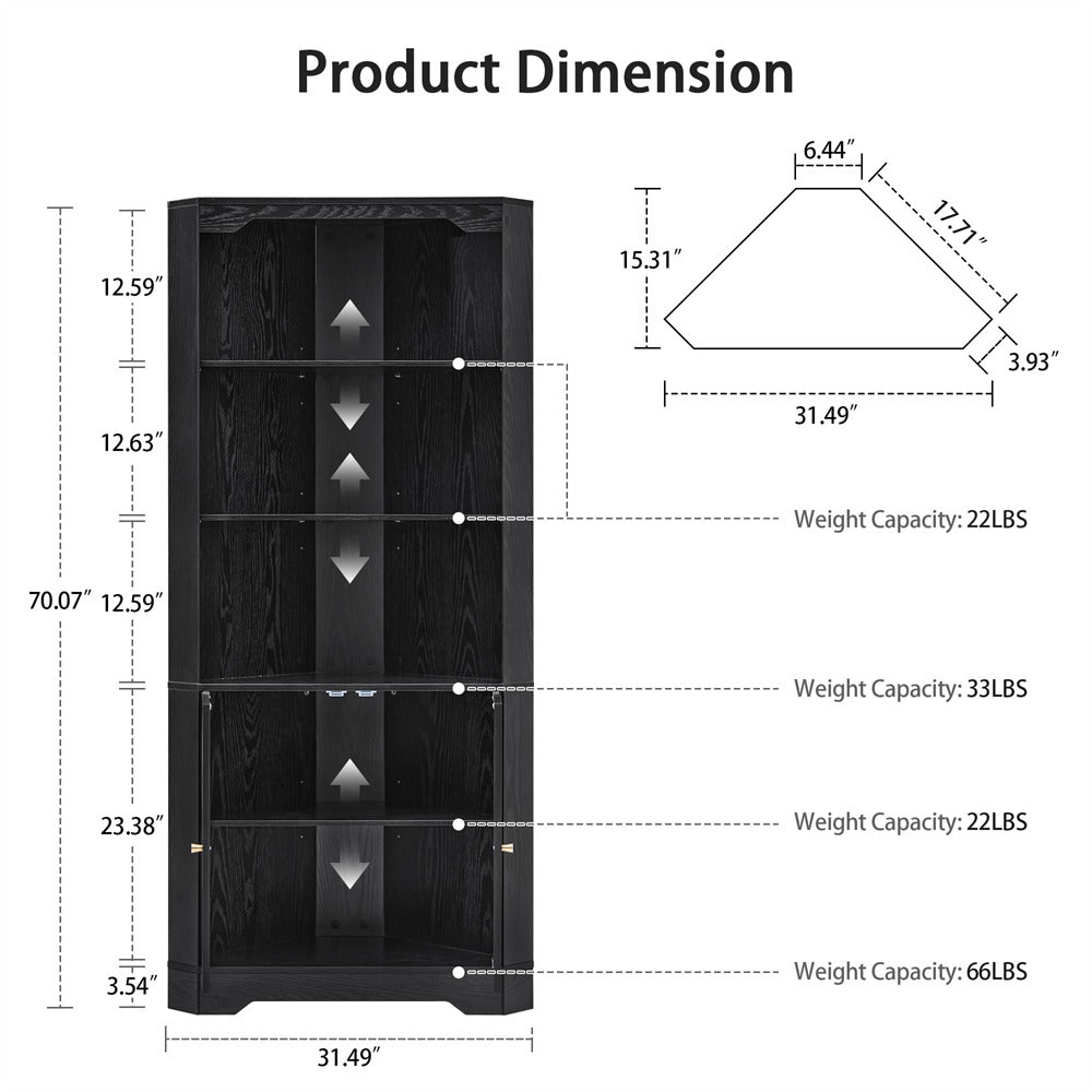 Black shelving unit with dimensions and weight capacity details on a white background