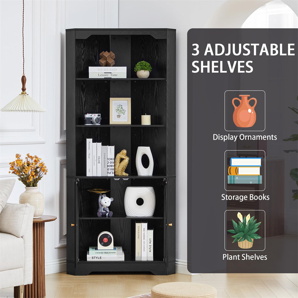 Black bookshelf with decorative items in a room setting, featuring text about adjustable shelves.