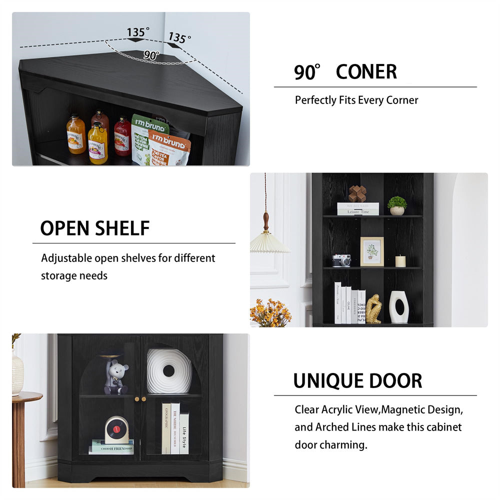 Black corner cabinet with open shelves and a unique door design, featuring text descriptions.