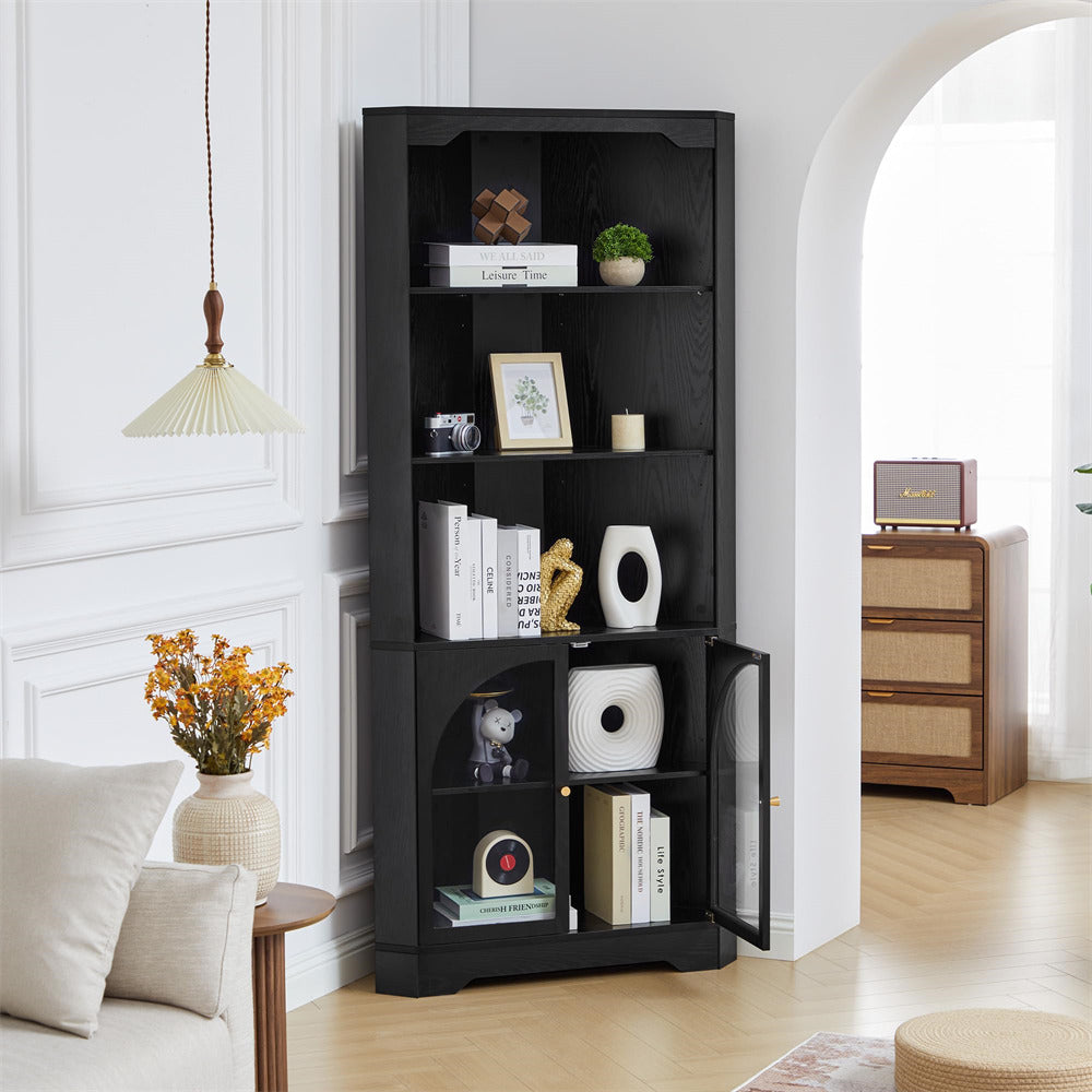 Black bookshelf with decorative items in a living room setting