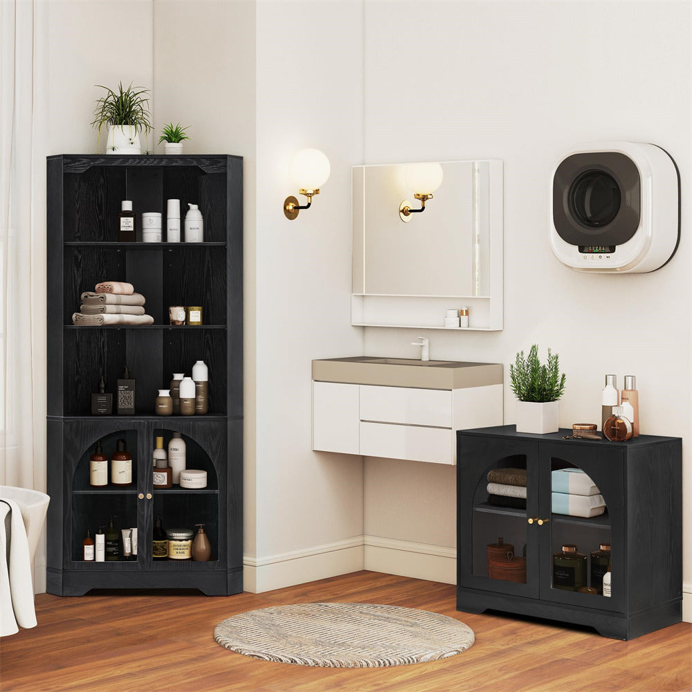 Bathroom interior with black shelving units, sink, and mirror.