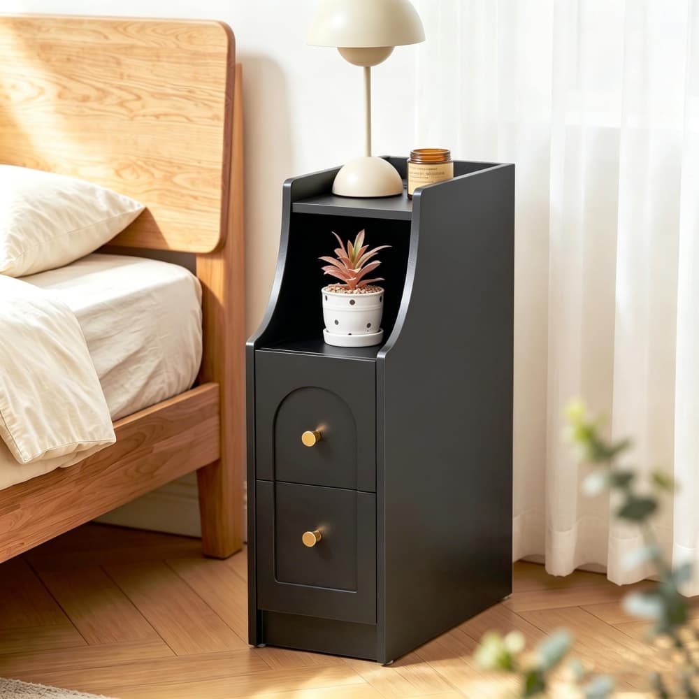 Black Mid-Century Modern Narrow Nightstand End Table with Charging Station and Open Shelf