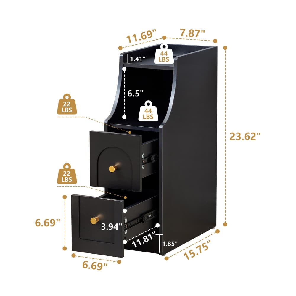 Black metal safe with three drawers, shown with dimension lines and weight labels on a white background.