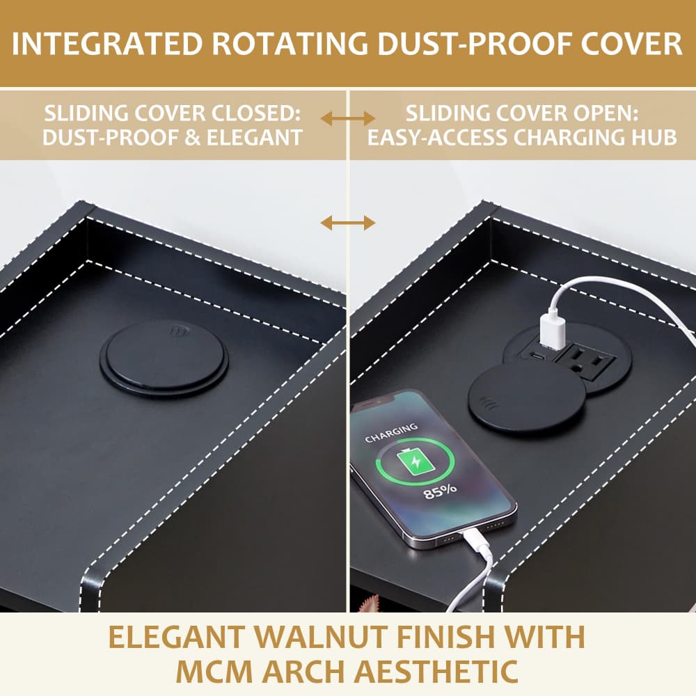 An integrated rotating dust-proof cover shown in a walnut-finish drawer or tray, with a split view demonstrating the closed and open states. The left side shows the cover closed as a clean, dust-proof surface with a circular magnetic charging pad.