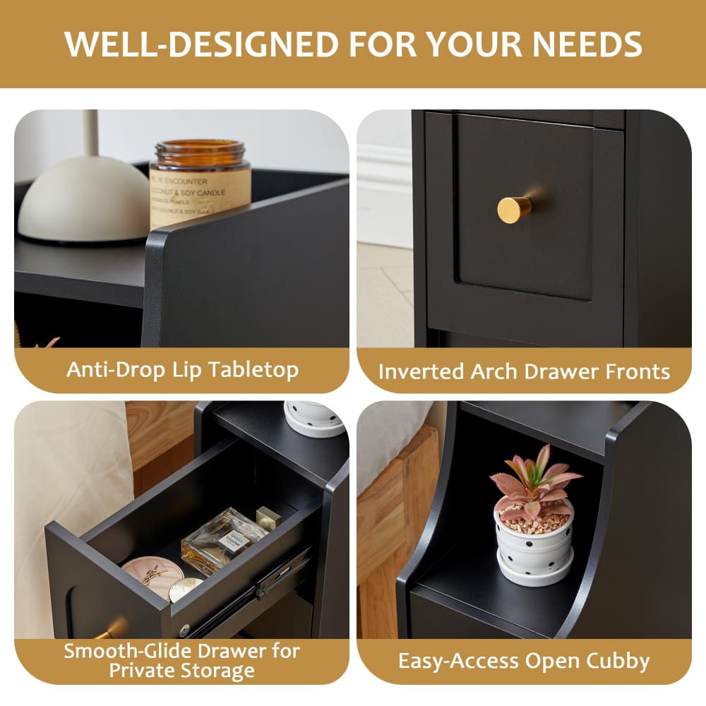 A four-panel feature graphic for a black nightstand or side table with drawer and shelf details. The top banner reads 'WELL-DESIGNED FOR YOUR NEEDS.