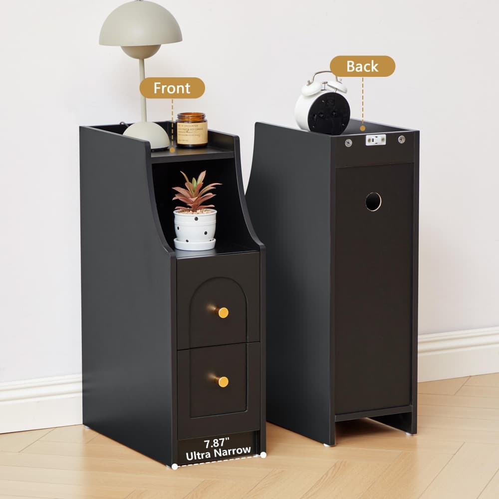 Two black narrow storage cabinets shown side by side in a room setting, labeled 'Front' and 'Back' to show different configurations. The cabinets have gold knobs and are styled with home decor items like a lamp, a small plant, and an alarm clock.