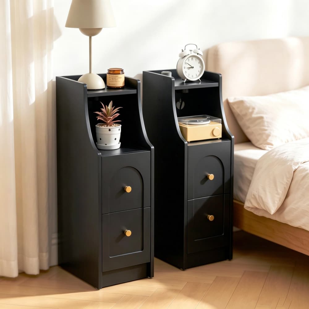 Black Mid-Century Modern Narrow Nightstand Set of 2 End Table with Charging Station and Open Shelf