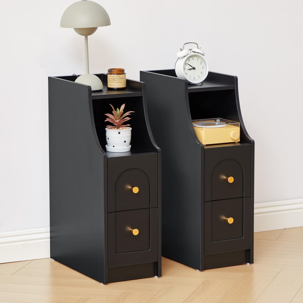 Black Mid-Century Modern Narrow Nightstand Set of 2 End Table with Charging Station and Open Shelf