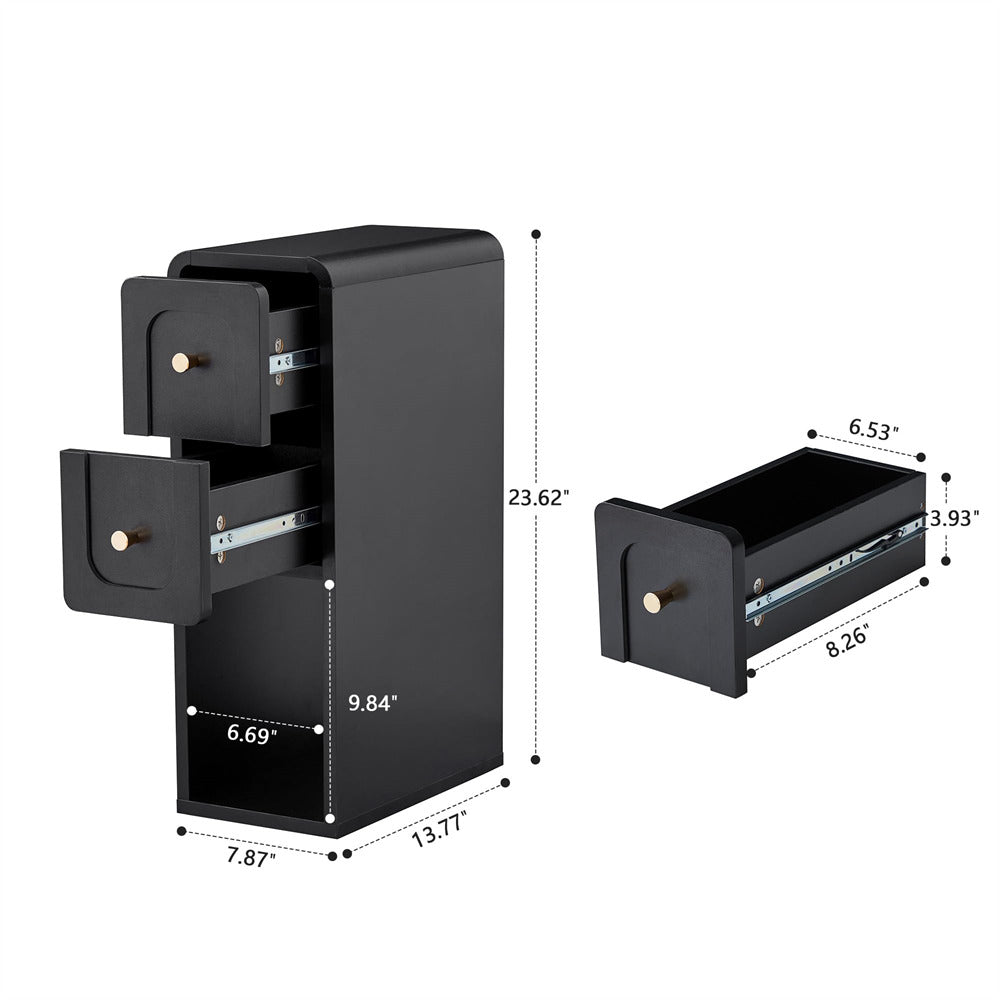 Black metal file cabinet with dimensions labeled on a white background