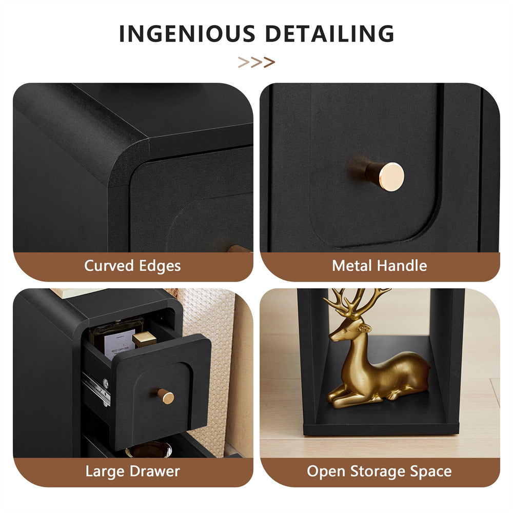 Black storage box with curved edges, metal handle, large drawer, and open storage space on a white background.