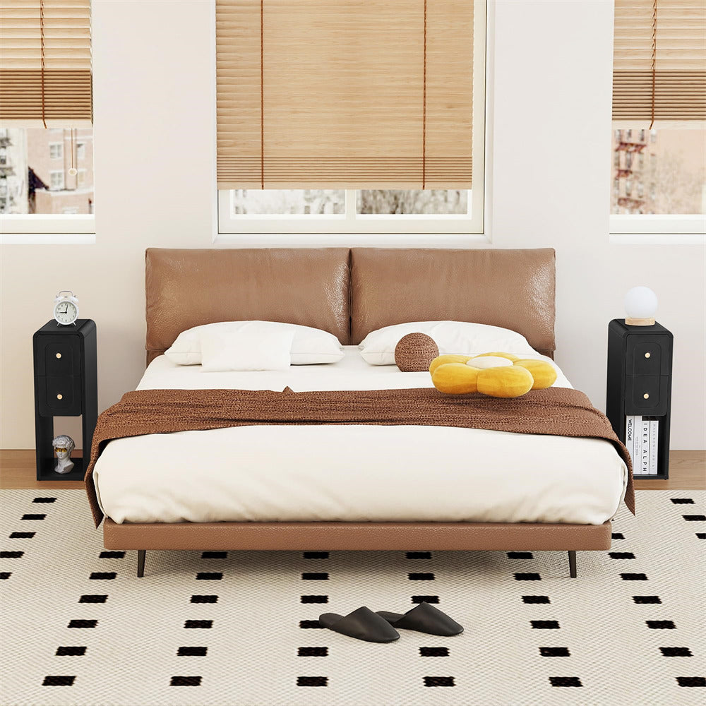 Modern bedroom with a brown leather bed, white bedding, and decorative pillows.
