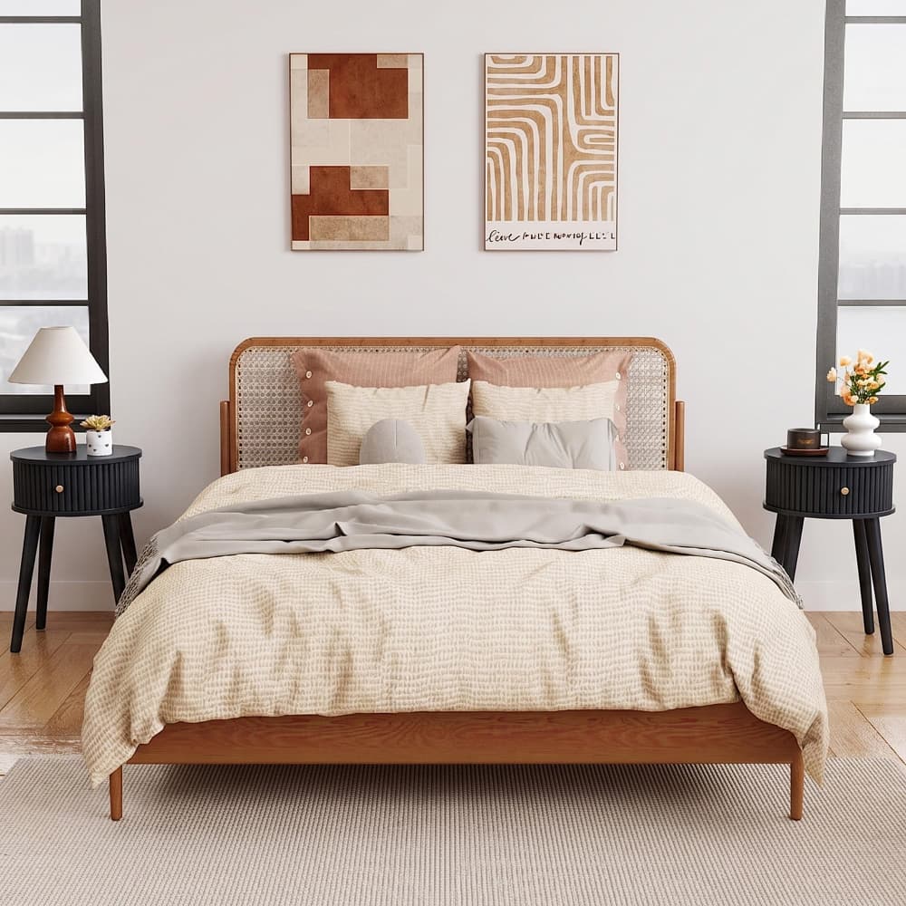 A wooden bed frame with a woven cane headboard, styled with beige and gray bedding, flanked by two black nightstands in a bright, modern bedroom.