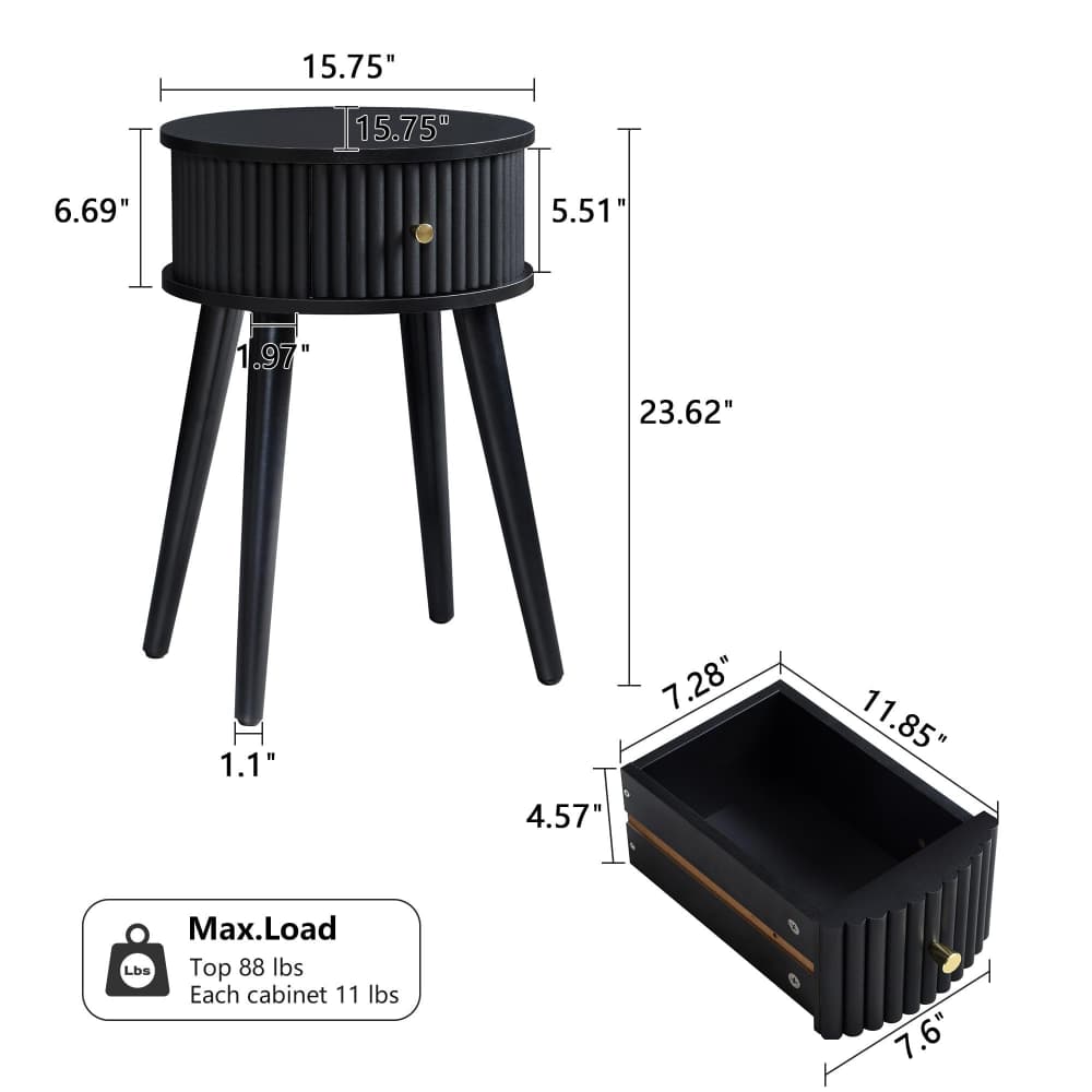 Black three-legged side table with dimension annotations showing height, width, and depth, plus a small inset showing the drawer measurements and a max load label on a white background.