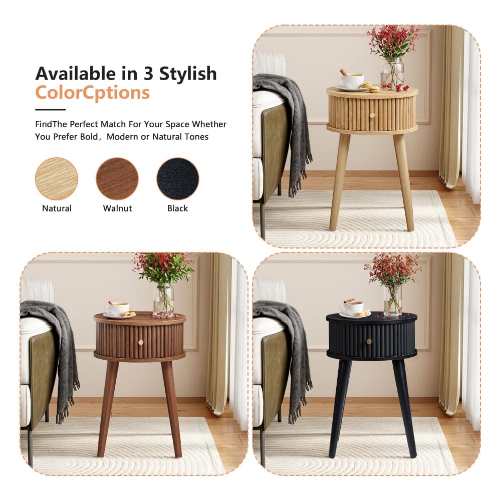A composite product listing graphic showing a single side table in three finish options: Natural, Walnut, and Black. The left side includes text reading 'Available in 3 Stylish ColorOptions' and three circular color swatches.