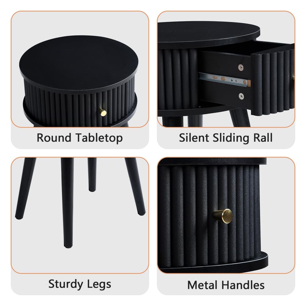 Four-panel product feature graphic for a black cylindrical side table with a round tabletop, fluted drawer sides, sturdy legs, and metal handles. Text labels highlight key features: Round Tabletop, Silent Sliding Rail, Sturdy Legs, and Metal Handles.