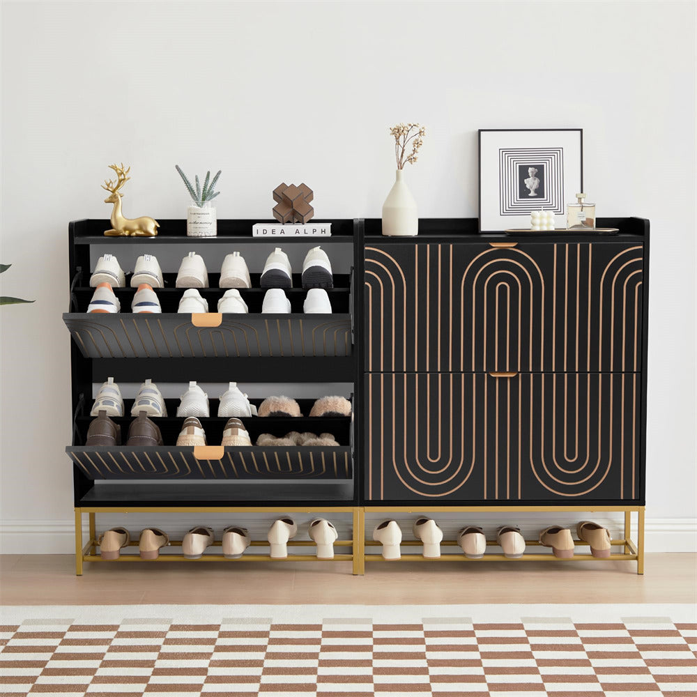 Black shoe cabinet with gold accents and shelves filled with shoes on a checkered floor.