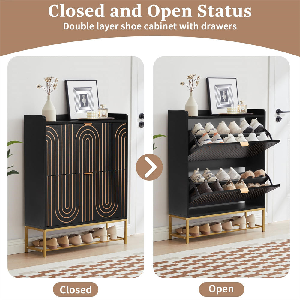 Double-layer shoe cabinet with drawers shown in closed and open states.