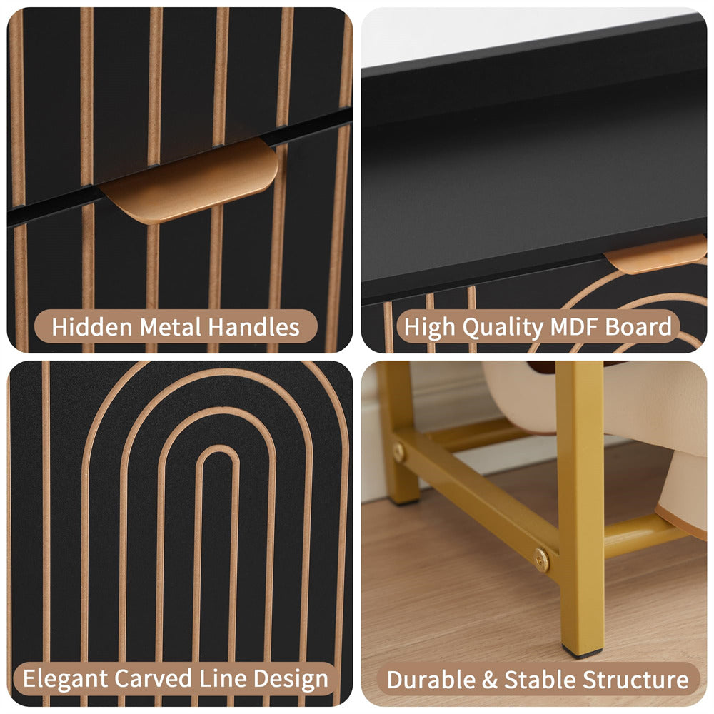 Collage of a black cabinet with gold accents, highlighting features like hidden metal handles, high-quality MDF board, carved line design, and durable structure.