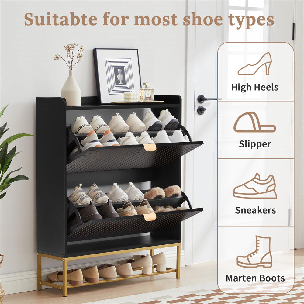 Black shoe rack with various shoes on shelves, suitable for high heels, slippers, sneakers, and marten boots.